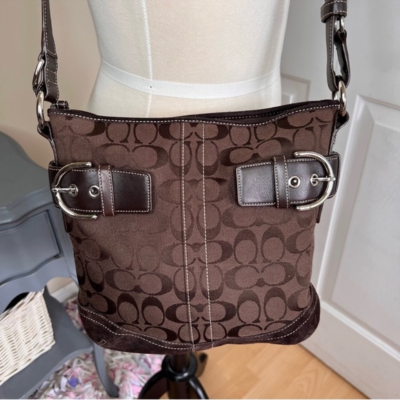 Vintage Signature Coach Crossbody Suede Canvas Brown Messenger Bag - Picture 6 of 8